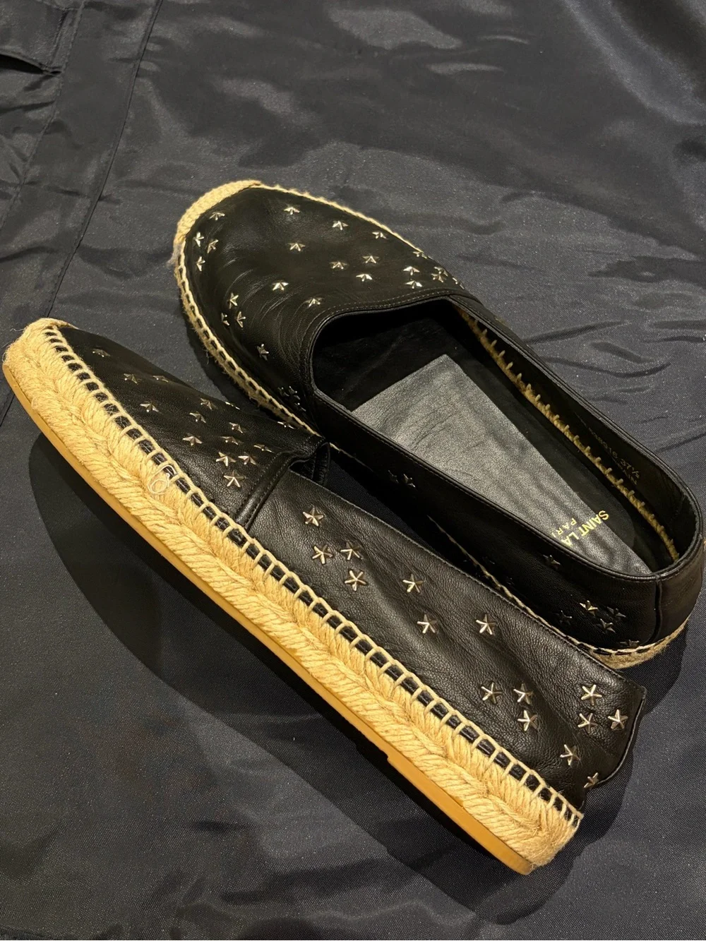 Saint Laurent Black Leather Espadrilles with Gold Star Stitching